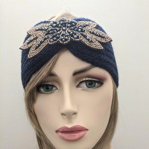 Navy Beaded Flower Knit Headband Woman Warm New